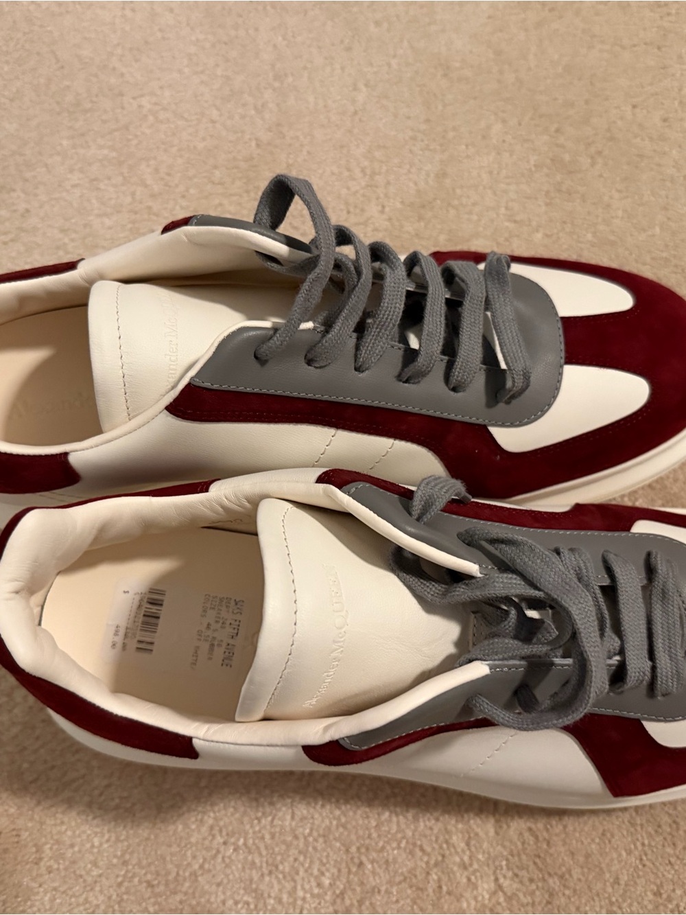 Alexander McQueen White Leather Sneakers with Burgundy Suede & Gray Details - Picture 4 of 7